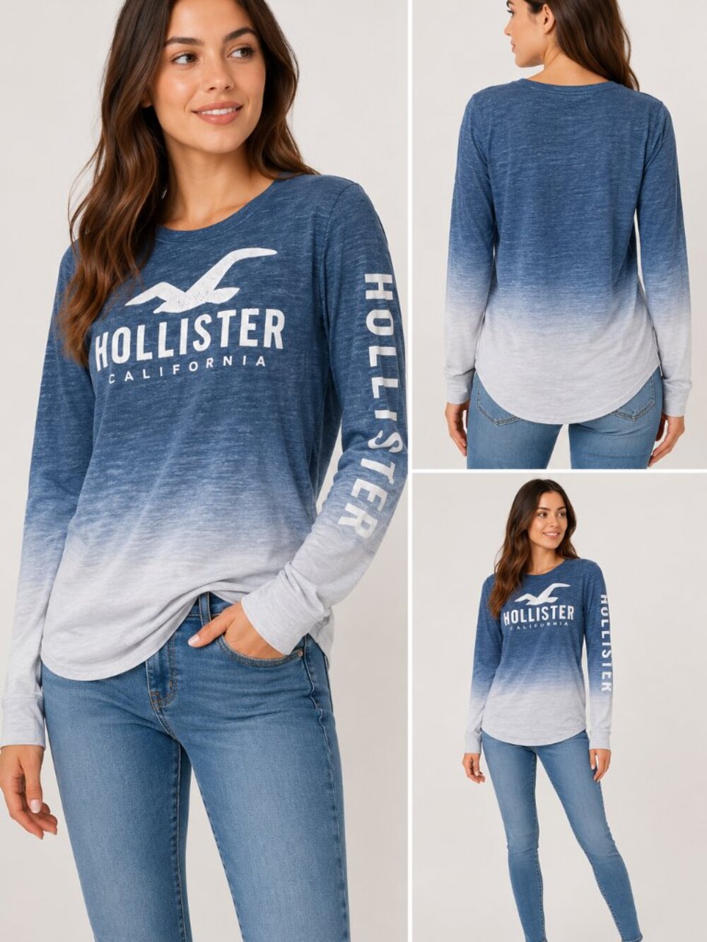 Hollister California Womens Small Blue Ombre Long Sleeve Logo Graphic T Shirt